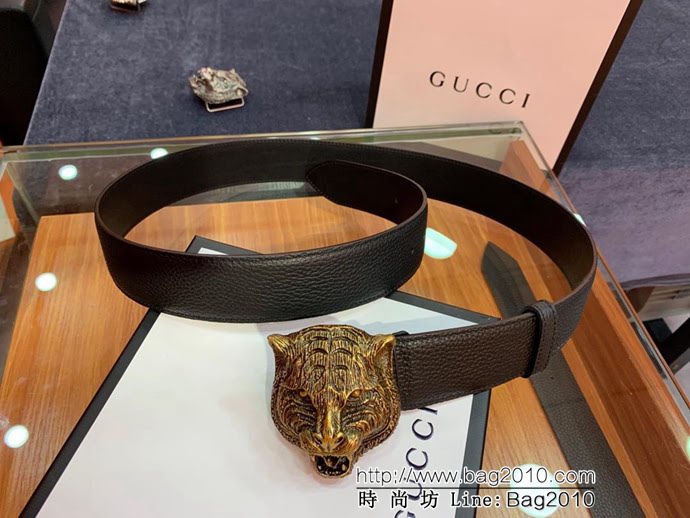 GUCCI古馳 官網爆款 正品規格 原單品質 進口荔枝紋 古金老虎扣頭 男士皮帶  xfp1321